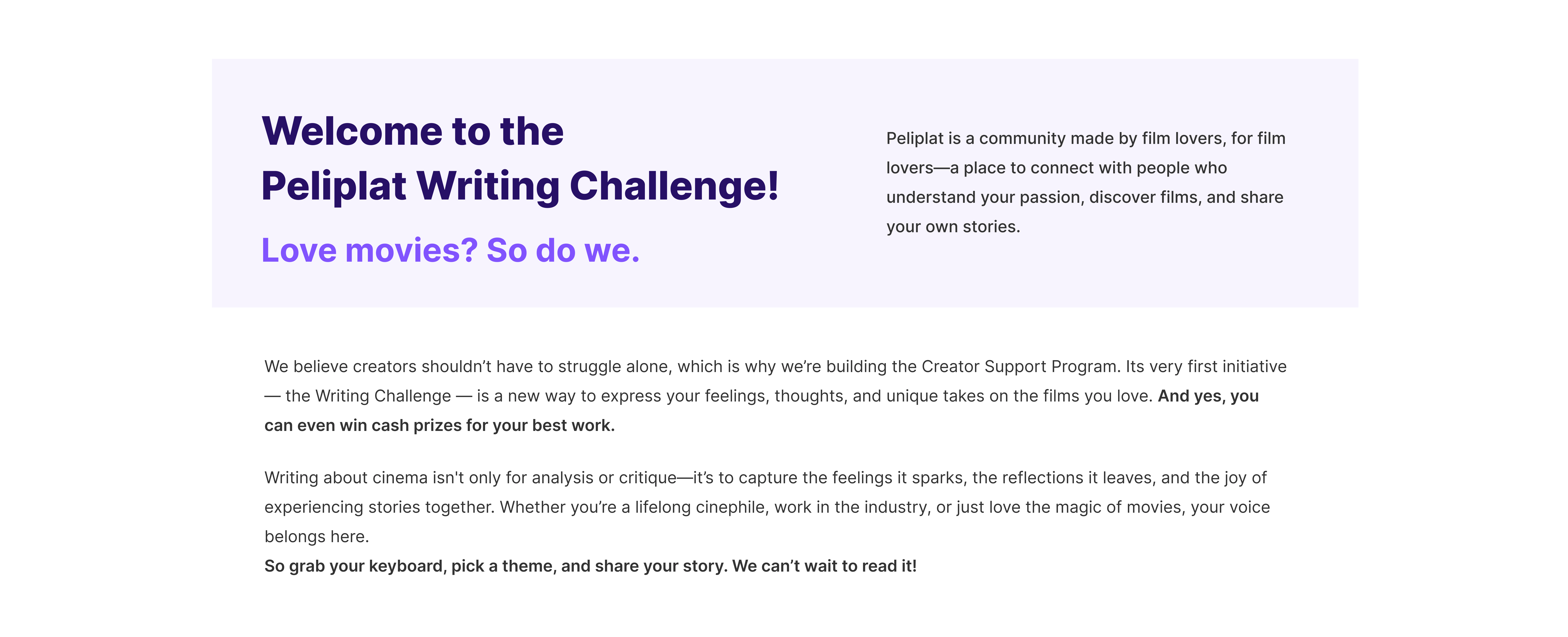 Welcome to the Peliplat Writing Challenge